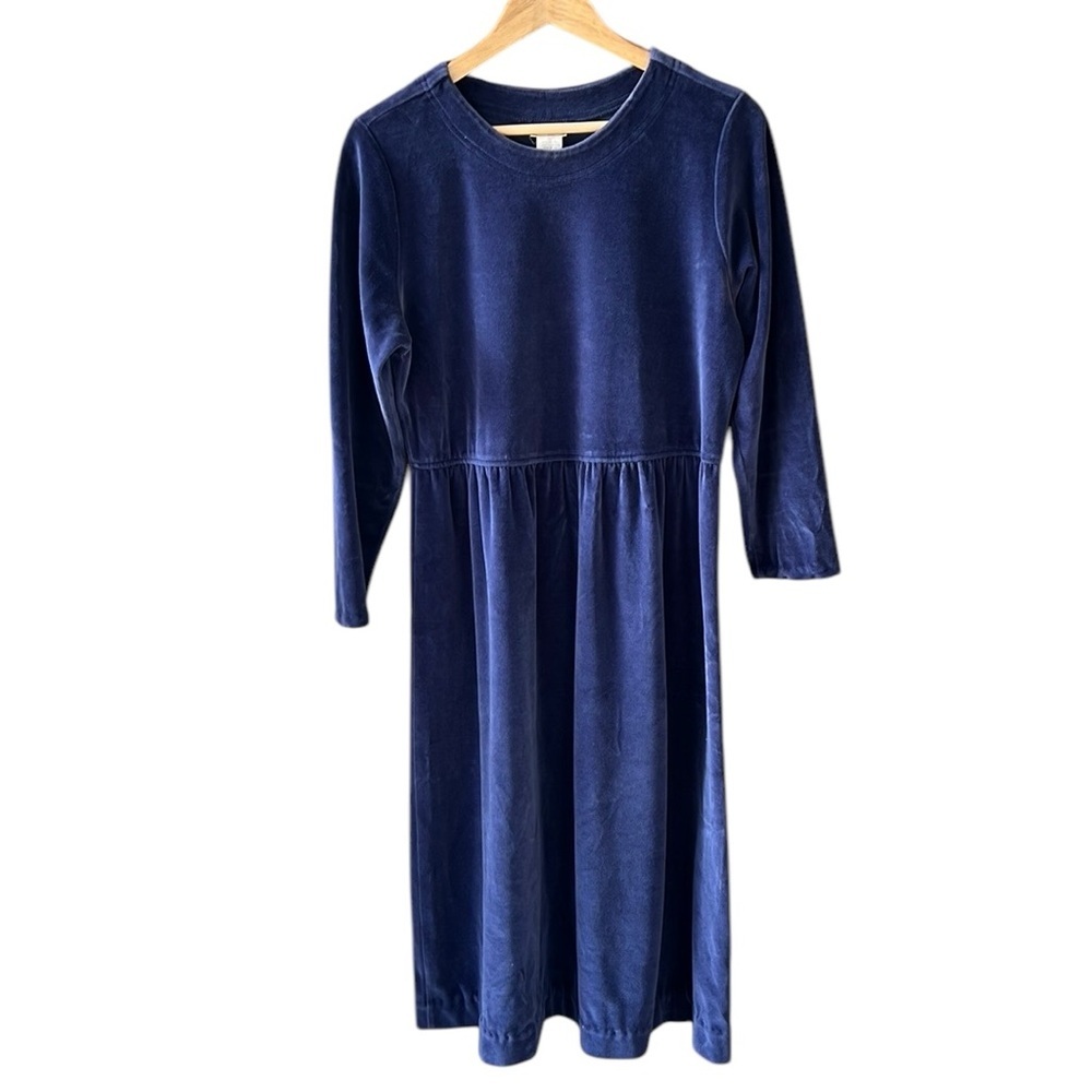 L.L. Bean Sz 12 Vintage Dark Blue Velvet Gathered Waist Midi Dress Long Sleeve